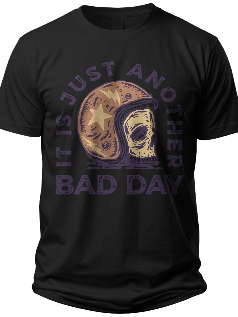 Men's Funny Skull Helmet Motorcycle Graphic T-Shirt 'It Is Just Another Bad Day' Biker Short Sleeve Casual Tee