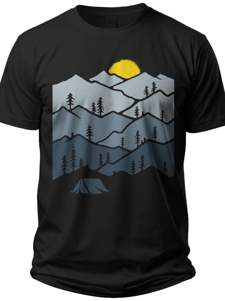 Unisex Outdoor Mountain Camping Graphic T-Shirt Nature Adventure Hiking Tent Sunrise Sunset Black