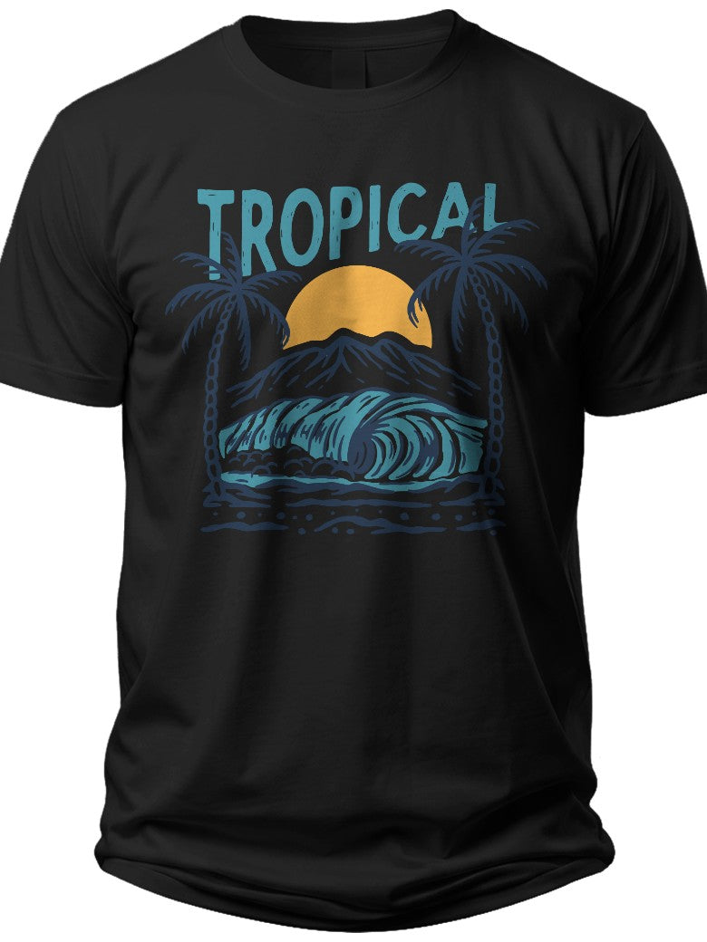 Unisex Adult Tropical Sunset Ocean Wave Palm Tree Graphic T-Shirt Black Summer Beach Vacation Tee