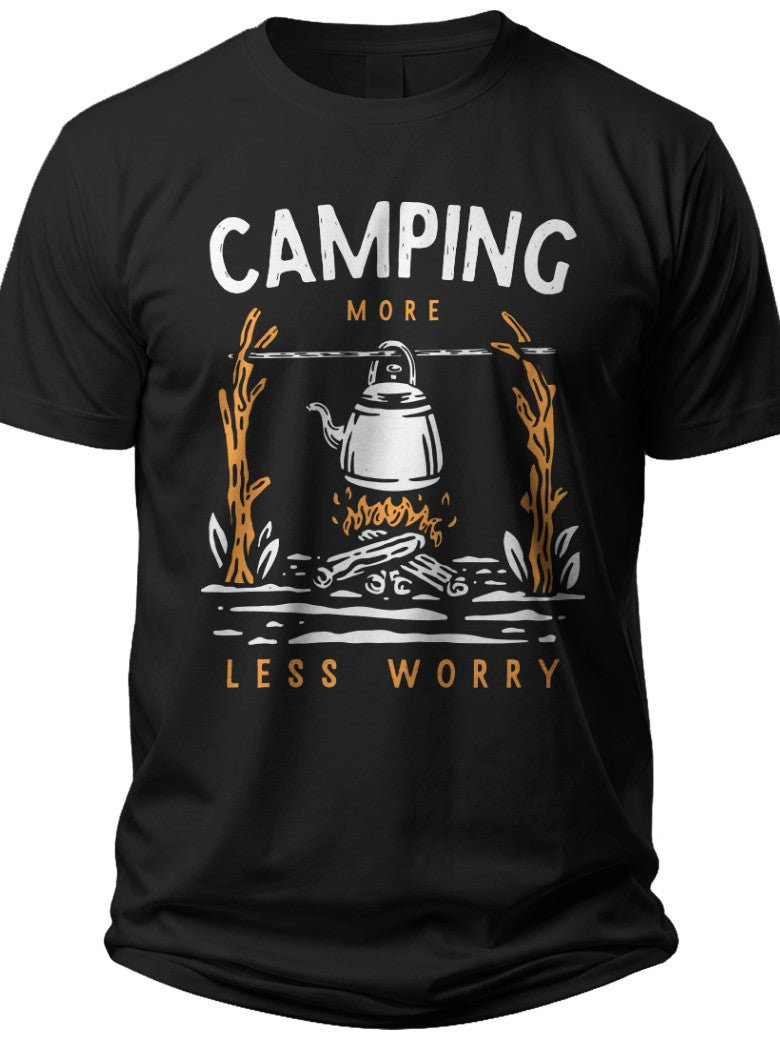 Men's Women's Camping More Less Worry Graphic T-Shirt Funny Outdoor Adventure Nature Lover Campfire Tee Shirt