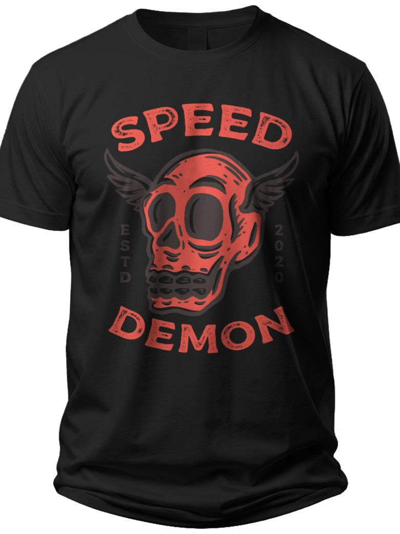 Unisex Black Graphic T-Shirt Red Speed Demon Winged Skull Design Novelty Casual Tee