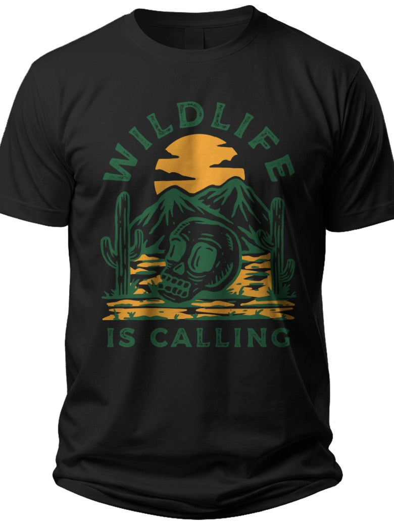Unisex Black Graphic T-Shirt Wildlife Is Calling Desert Sunset Nature Outdoor Adventure Casual Tee