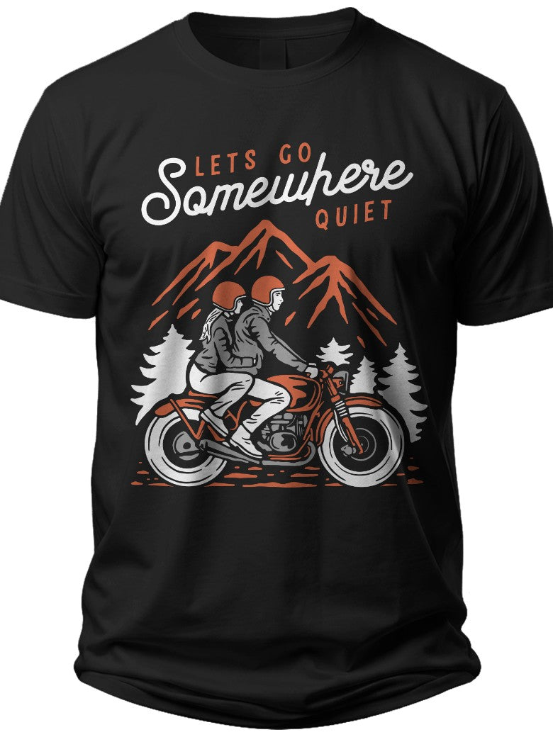 Unisex Adventure Biker T-Shirt, Motorcycle Mountain Graphic Tee, "Let's Go Somewhere Quiet" Travel Gift