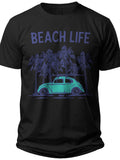 Men's Beach Life T-Shirt Vintage Car Palm Trees Graphic Tee Summer Vacation Casual Short Sleeve Top