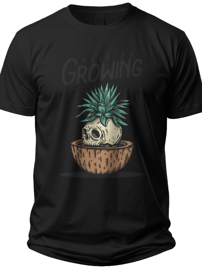 Black Graphic T-Shirt for Men Women, Funny Skull Succulent Plant Growing Design, Unique Botanical Novelty Tee
