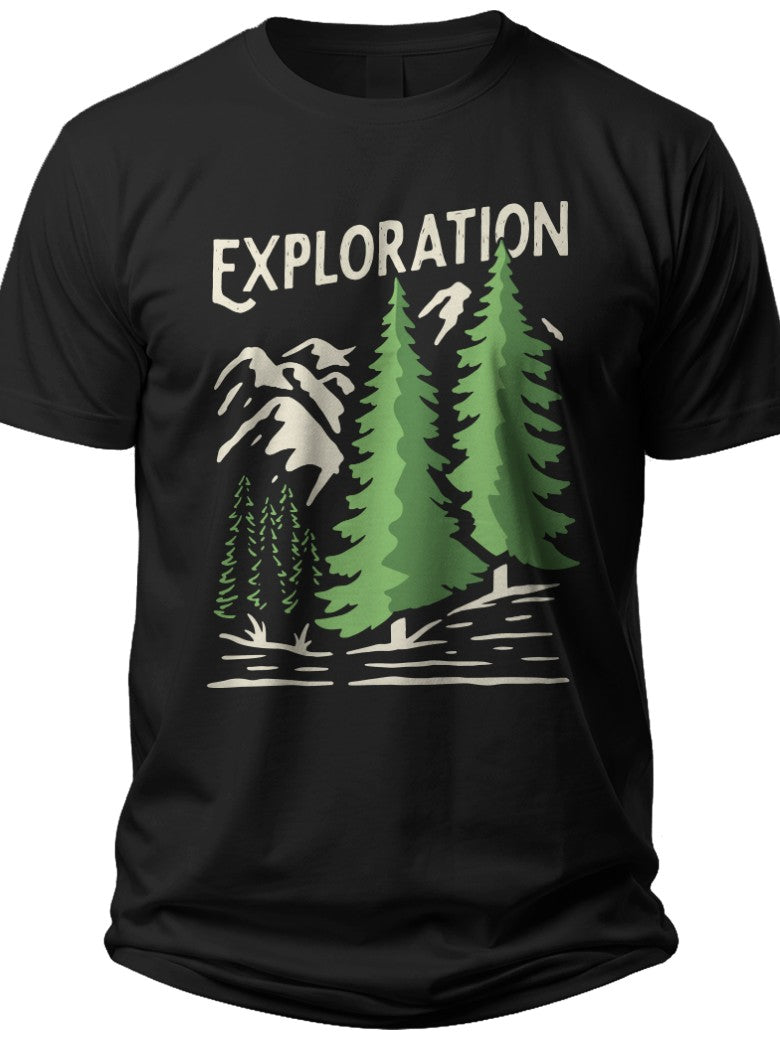 Unisex Black Exploration T-Shirt Mountain Forest Pine Tree Graphic Outdoor Adventure Nature Tee