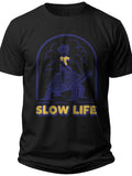 Unisex Black Graphic T-Shirt 'Slow Life' Print Casual Short Sleeve Tee for Men Women Aesthetic Relaxed Style Top