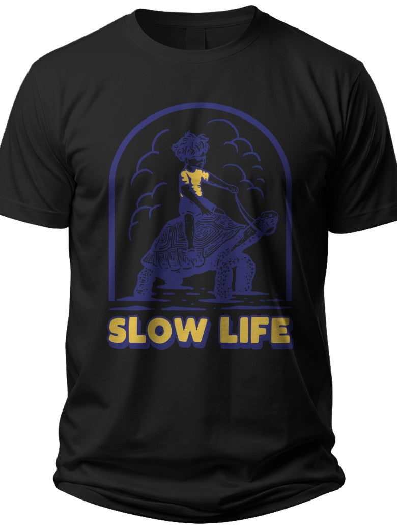 Unisex Black Graphic T-Shirt 'Slow Life' Print Casual Short Sleeve Tee for Men Women Aesthetic Relaxed Style Top