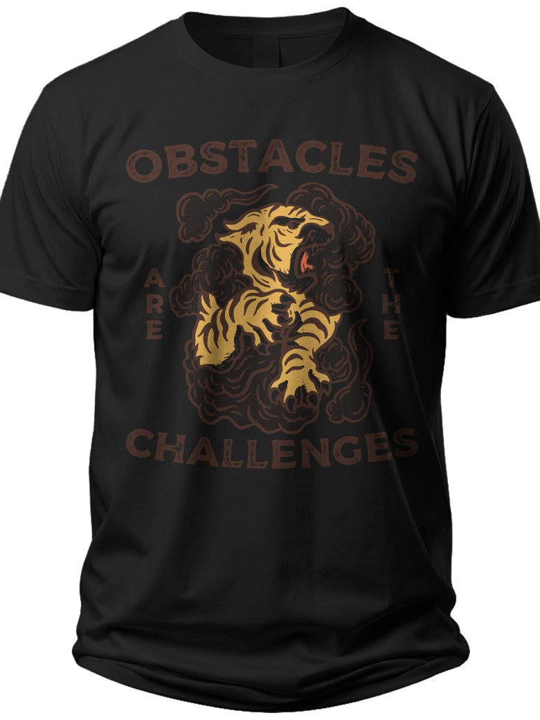 Men's Black Graphic Tiger T-Shirt - Obstacles Challenges Motivational Short Sleeve Casual Tee
