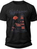 Unisex Black Lighthouse Graphic T-Shirt for Men Women Short Sleeve Summer Vacation Casual Tee