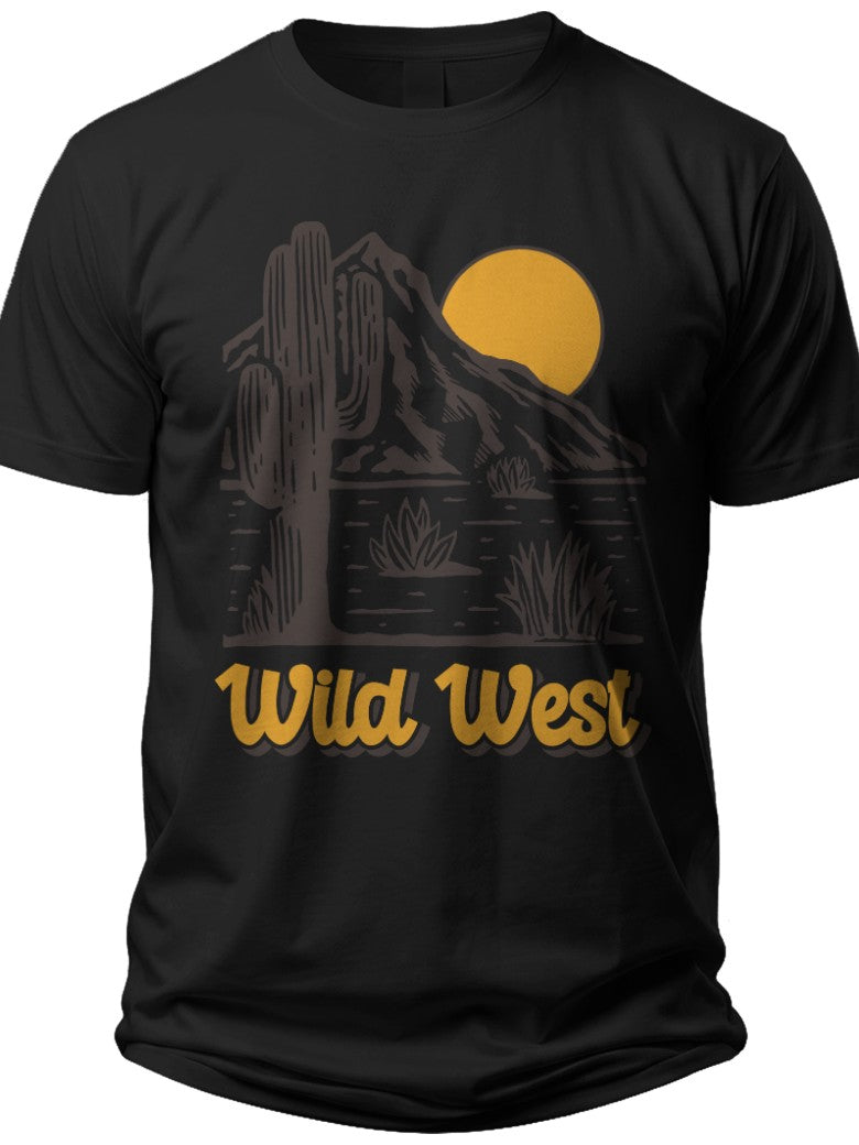 Men's Wild West Desert Cactus Mountain Sunset Graphic T-Shirt Black Casual Tee for Western Lovers