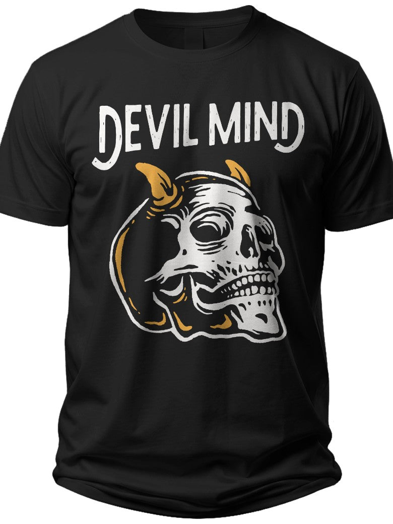 Unisex Black T-Shirt Edgy Horned Skull 'Devil Mind' Graphic Print Short Sleeve Casual Gothic Punk Rock Tee Top