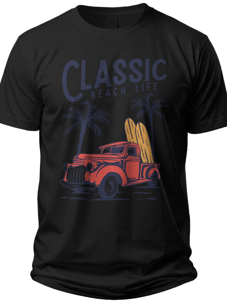 Unisex Vintage Classic Ride Graphic T-Shirt Retro Red Pickup Truck with Surfboards Summer Beach Vacation Tee