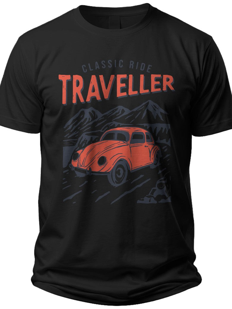 Unisex Black T-Shirt Classic Car Traveller Design Vintage Beetle Graphic Tee Soft Cotton Casual Top
