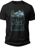 Unisex Black Adventure T-Shirt, Strong and Brave Mountain Forest Graphic Tee, Outdoor Nature Inspired Casual Short Sleeve Top