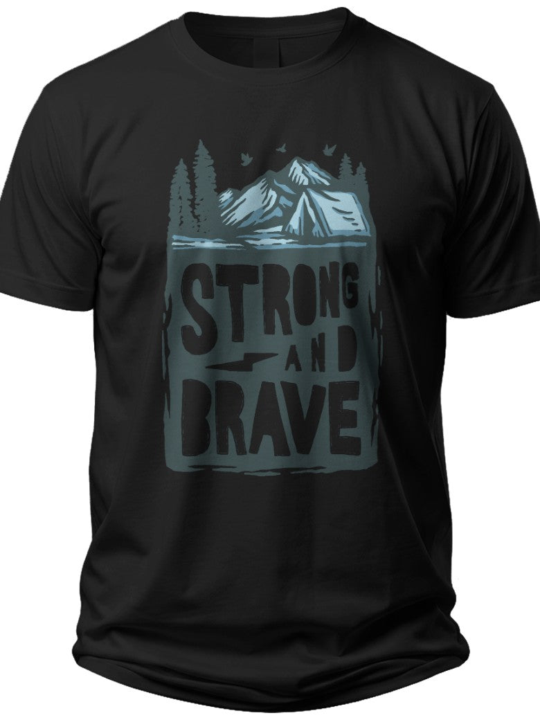 Unisex Black Adventure T-Shirt, Strong and Brave Mountain Forest Graphic Tee, Outdoor Nature Inspired Casual Short Sleeve Top