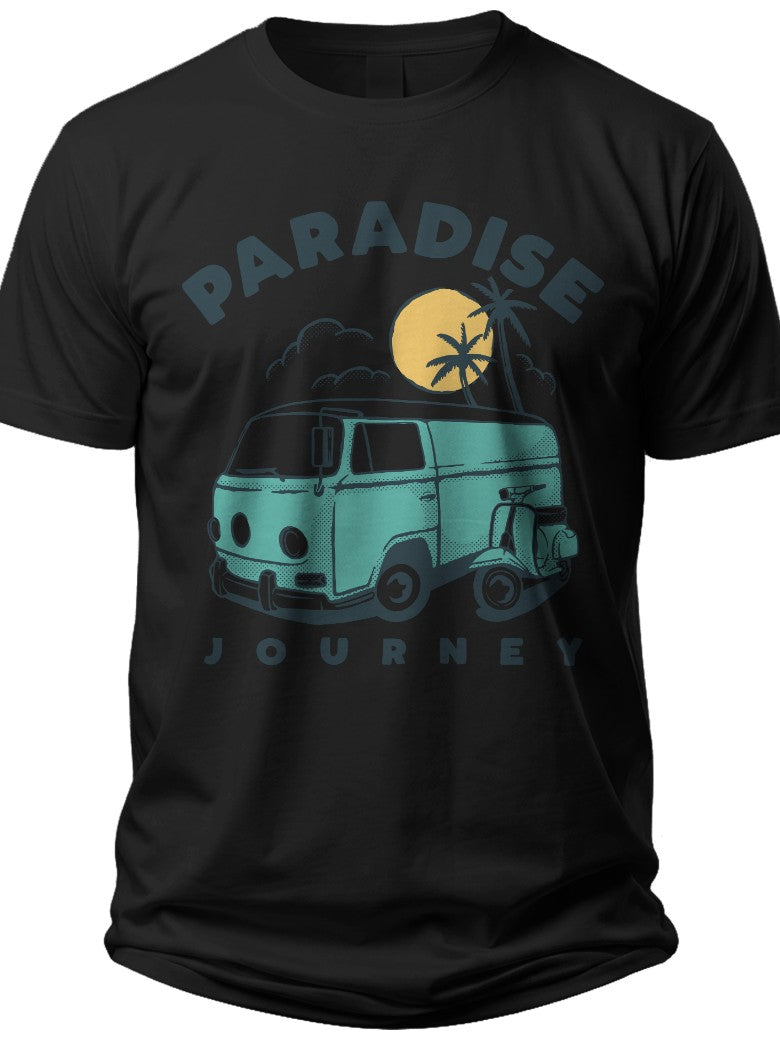 Men's Vintage Paradise Journey Graphic T-Shirt Black Camper Van Scooter Summer Travel Tee Top