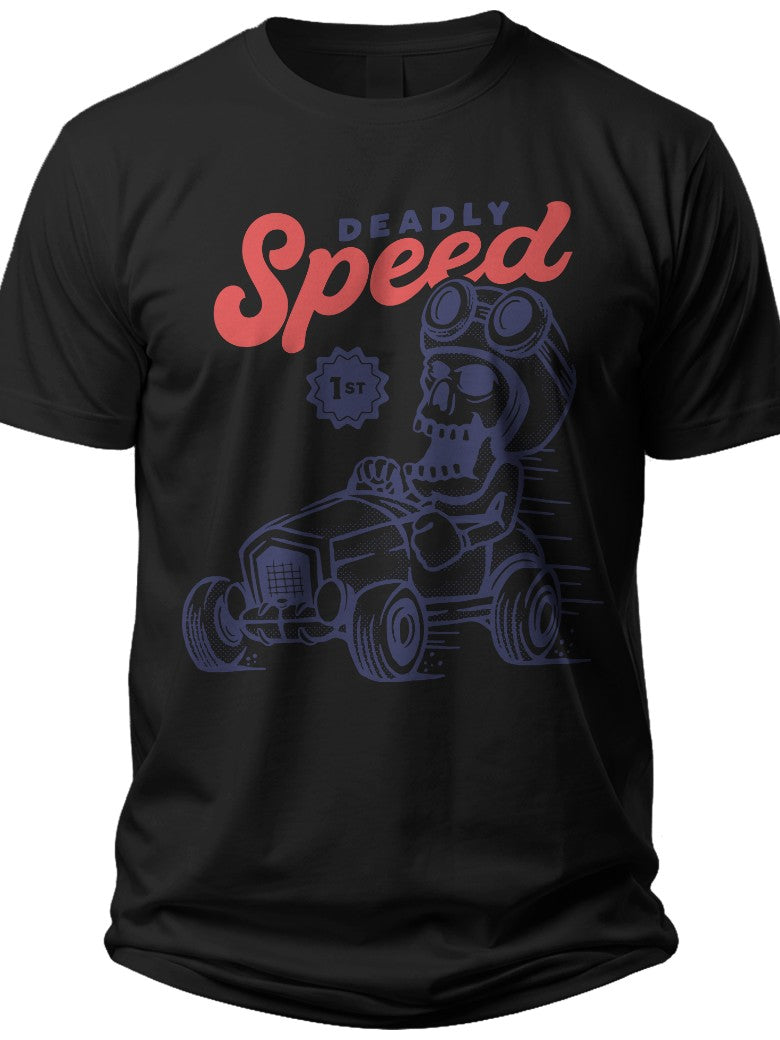Men's Black Graphic T-Shirt Deadly Speed Skull Race Car Print Casual Short Sleeve Cotton Tee Top for Racing Enthusiasts