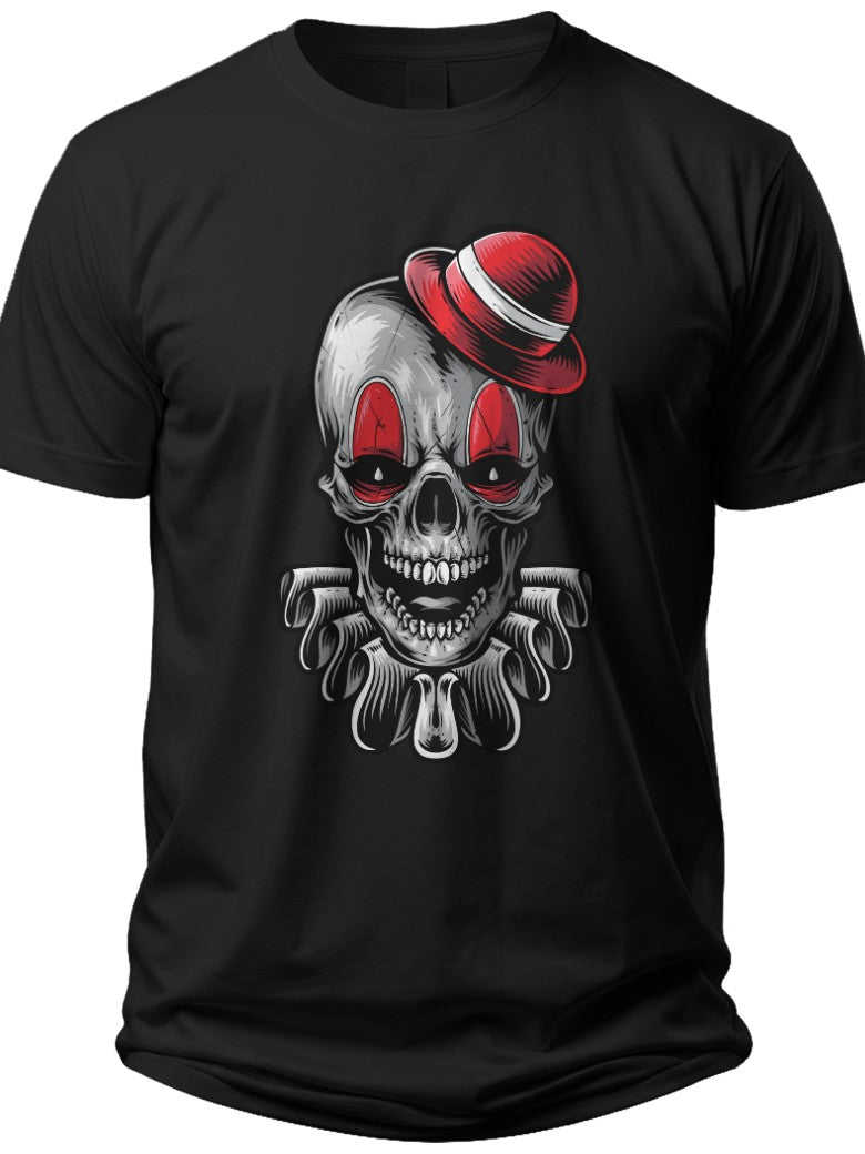 Black Clown Skull Graphic T-Shirt Men Women Spooky Halloween Tee Short Sleeve Gothic Red Hat Design Apparel