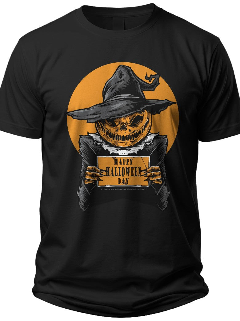 Men's Women's Halloween T-Shirt Spooky Pumpkin Scarecrow Witch Hat Graphic Happy Halloween Y'all Tee Shirt