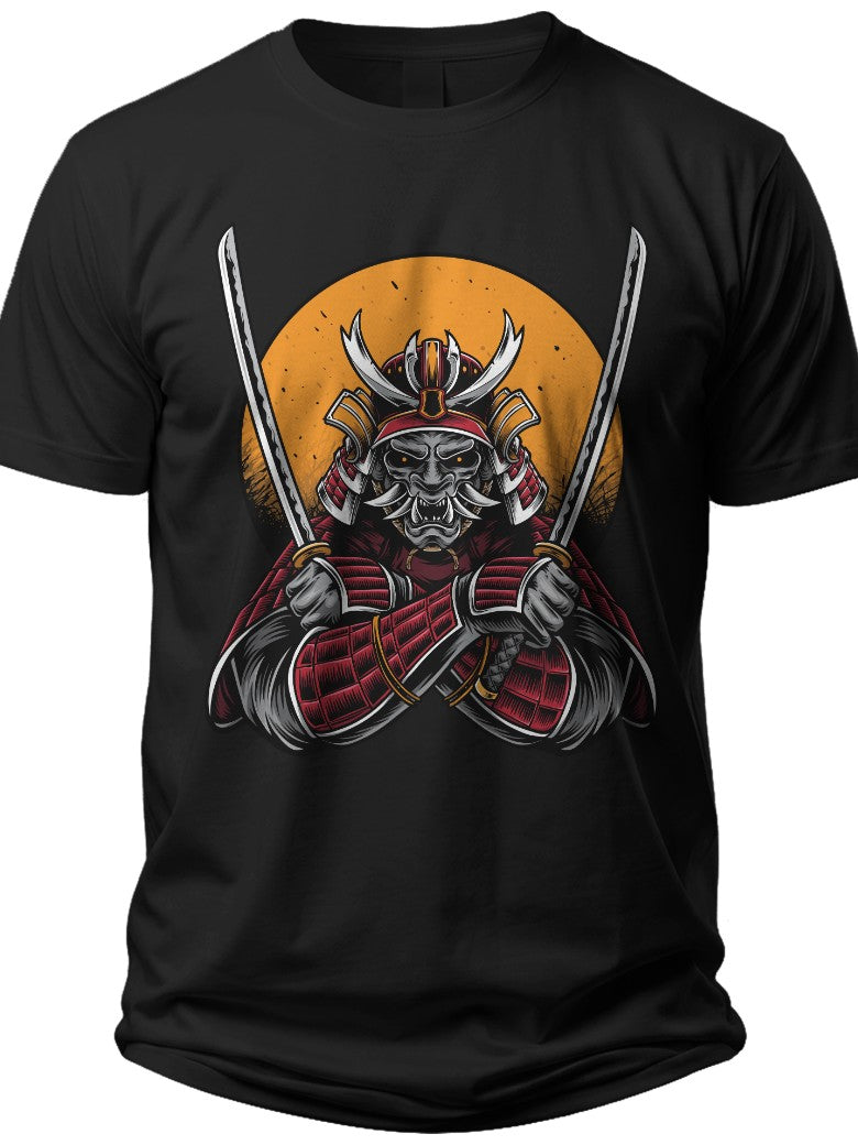 Men's Japanese Samurai Warrior Skull T-Shirt with Katana Swords & Moon Graphic Tee Short Sleeve Casual Top
