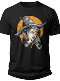 Black Witch Head Graphic T-Shirt for Halloween Party Spooky Costume Men Women Short Sleeve Tee Top