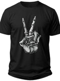 Unisex Skeleton Hand Peace Sign Graphic T-Shirt Black Short Sleeve Edgy Gothic Casual Tee Top