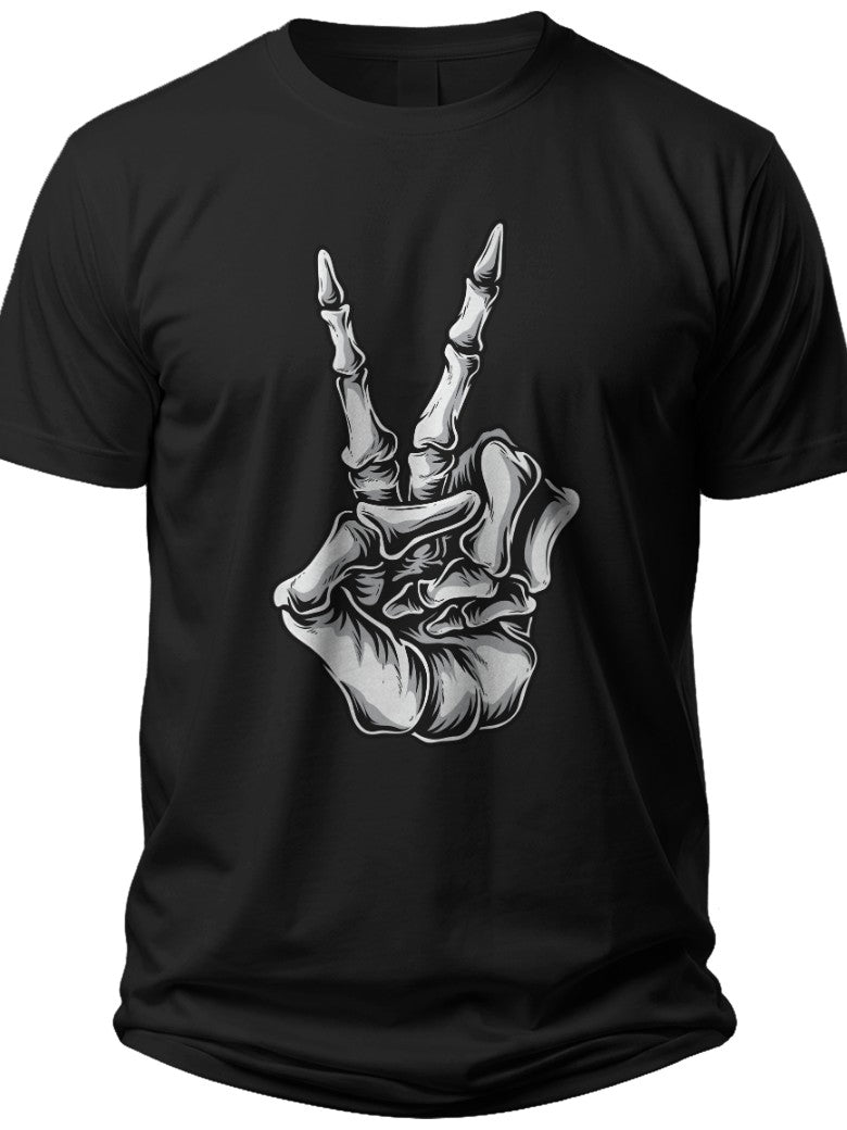Unisex Skeleton Hand Peace Sign Graphic T-Shirt Black Short Sleeve Edgy Gothic Casual Tee Top