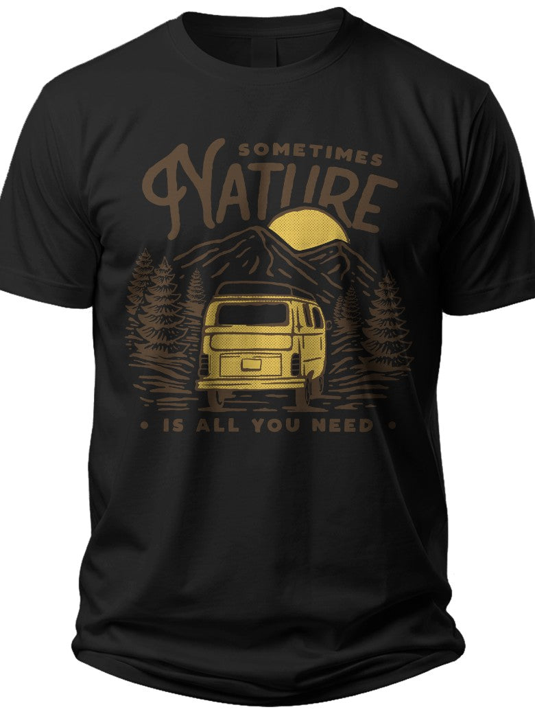 Unisex Black Graphic Tee Vintage Camper Van Nature Mountains Forest Design Outdoor Adventure T-Shirt