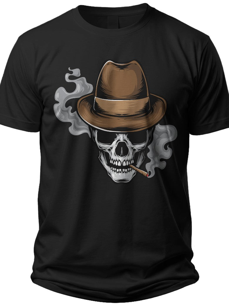 Men's Black Graphic T-Shirt with Smoking Skull & Fedora Hat Design - Cool Edgy Casual Tee