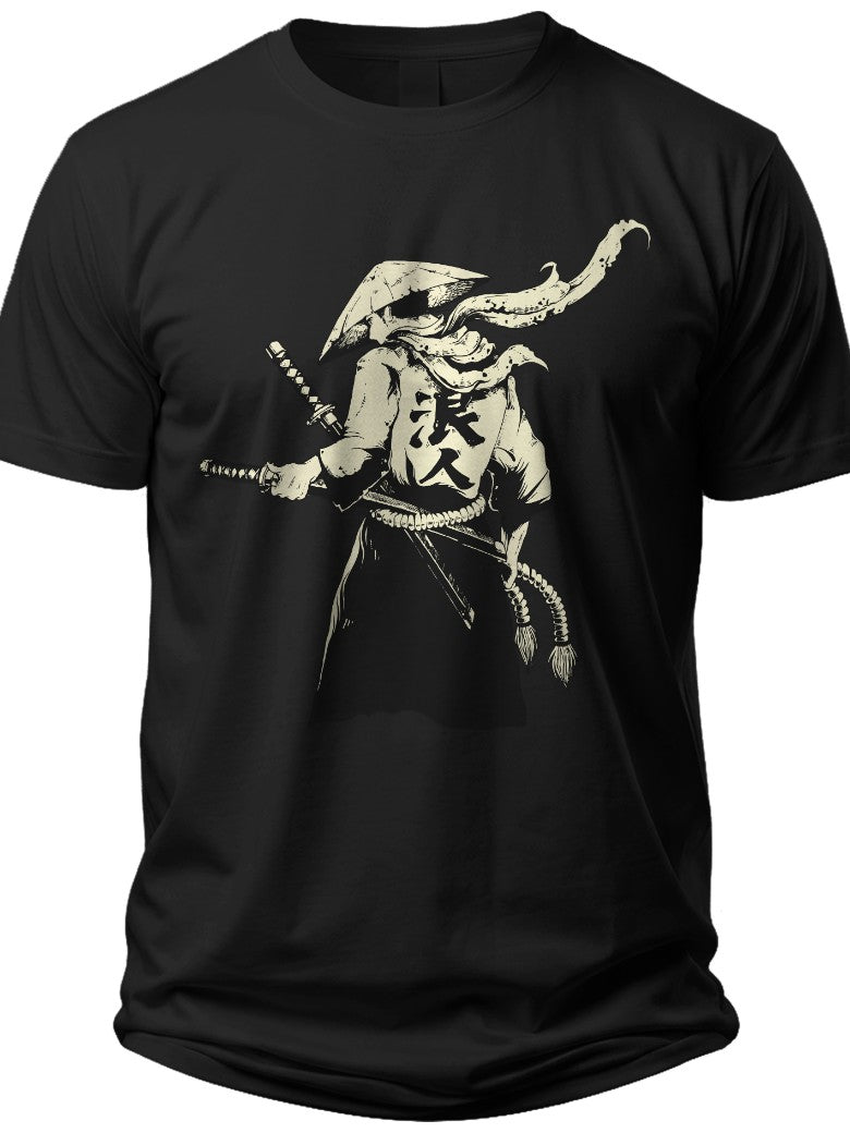 Men's Black Graphic T-Shirt Japanese Samurai Warrior Print Short Sleeve Casual Tee Vintage Style Mythical Ronin Design