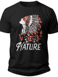 Men's Women's Black Graphic T-Shirt Feather Headdress & Nature Print Short Sleeve Casual Tee
