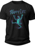 Black Graphic T-Shirt for Men Women, Dancing Frog "HAPPY LIFE" Print Tee, Funny Retro Style Casual Top