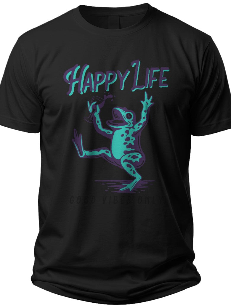 Black Graphic T-Shirt for Men Women, Dancing Frog "HAPPY LIFE" Print Tee, Funny Retro Style Casual Top