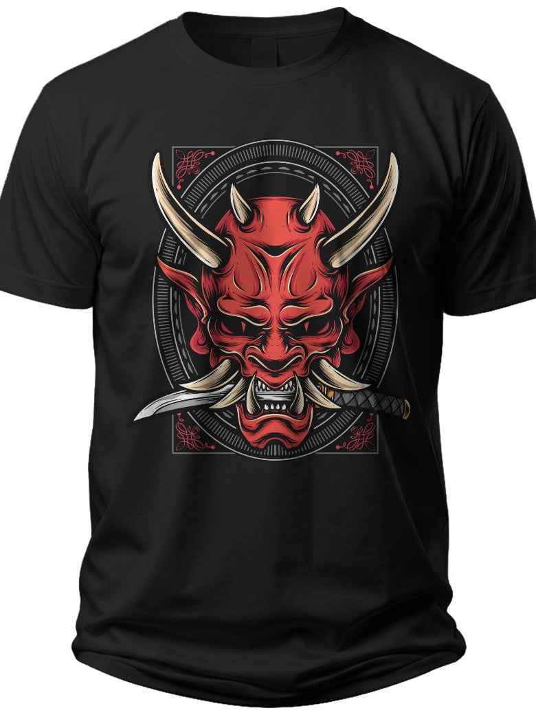 Men's Japanese Oni Mask Graphic T-Shirt Red Demon Design Black Short Sleeve Casual Tee Streetwear