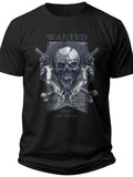 Men's Black Skull and Crossed Guns Graphic T-Shirt Wanted Poster Design Casual Short Sleeve Tee