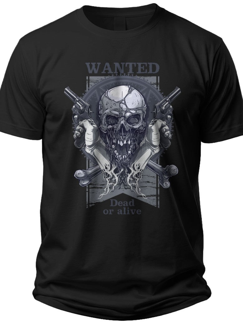 Men's Black Skull and Crossed Guns Graphic T-Shirt Wanted Poster Design Casual Short Sleeve Tee