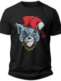 Men's Cool Cartoon Cat Graphic T-Shirt Red Hat Gold Chain Hip Hop Streetwear Casual Short Sleeve Tee Top