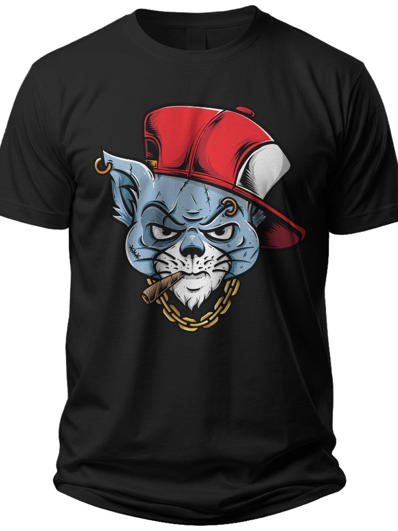 Men's Cool Cartoon Cat Graphic T-Shirt Red Hat Gold Chain Hip Hop Streetwear Casual Short Sleeve Tee Top