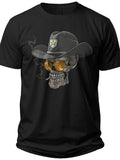 Men's Black Graphic T-Shirt Skull with Cowboy Hat Sunglasses Smoking Tee Cool Casual Short Sleeve Unisex Top