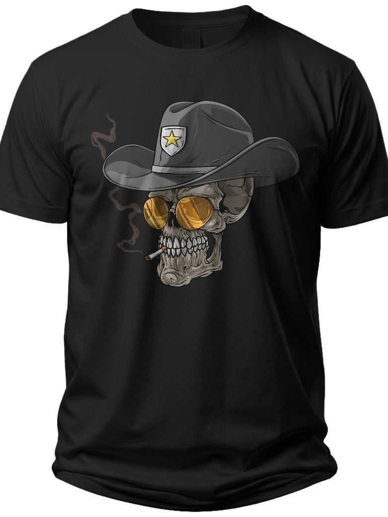Men's Black Graphic T-Shirt Skull with Cowboy Hat Sunglasses Smoking Tee Cool Casual Short Sleeve Unisex Top