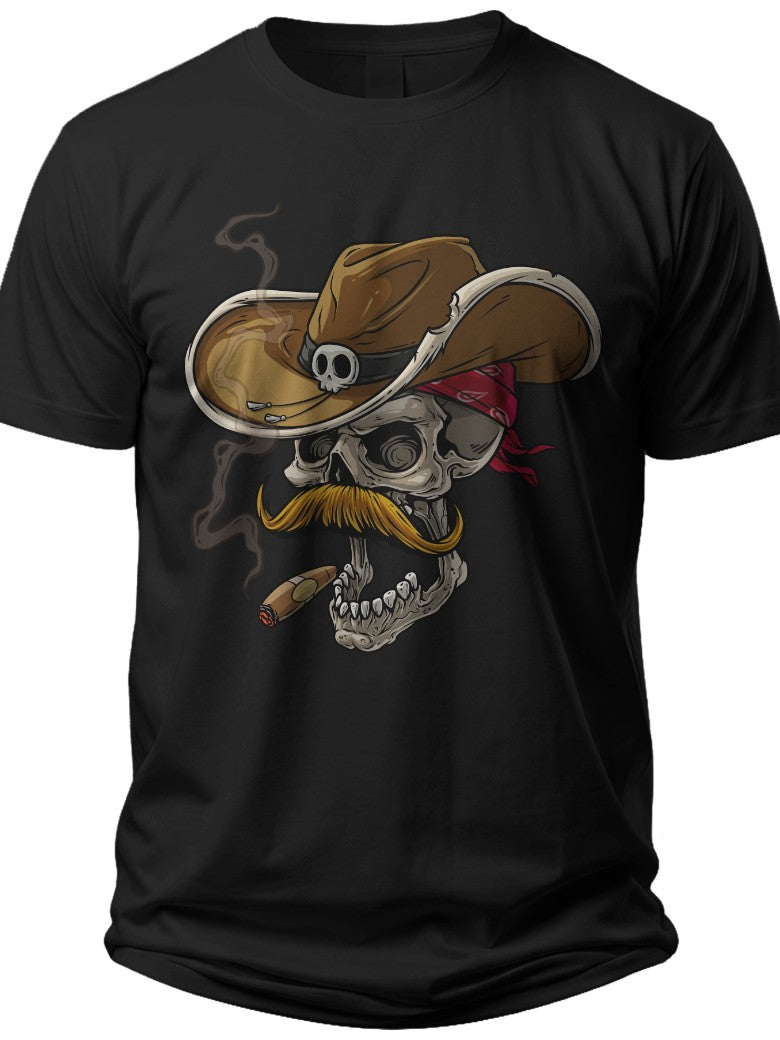 Men's Black Skull T-Shirt with Cowboy Hat Mustache Cigar Smoker Graphic Tee Western Style