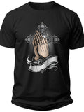 Black Praying Hands Cross T-Shirt, Religious Graphic Tee, Faith Inspired Short Sleeve Cotton Top for Men Women