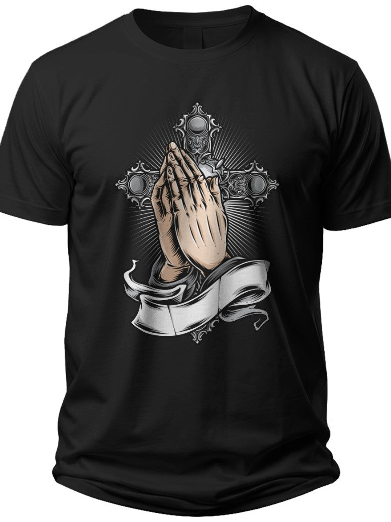 Black Praying Hands Cross T-Shirt, Religious Graphic Tee, Faith Inspired Short Sleeve Cotton Top for Men Women