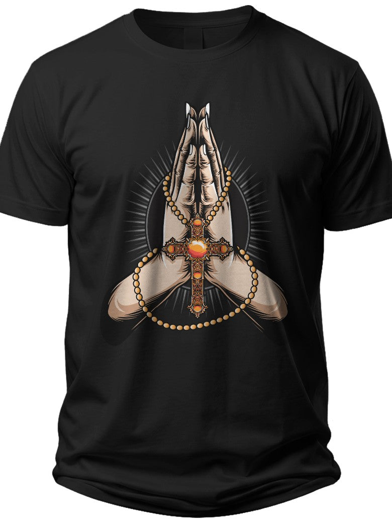 Black Praying Hands Cross Rosary Graphic T-Shirt Christian Faith Religious Spiritual Tee for Men Women Casual Wear