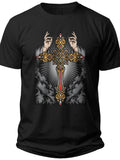 Men's Black Ornate Golden Cross T-Shirt with Praying Hands Graphic Religious Spiritual Faith Tee Casual Top