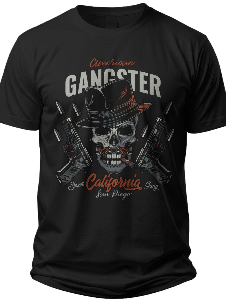 Men's Black Graphic T-Shirt with Skull in Fedora Hat & Cigar Design, Cool Urban Casual Short Sleeve Top