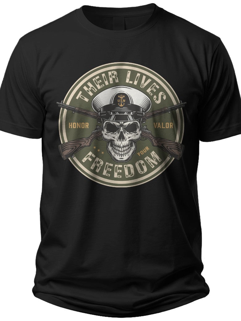 Men's Patriotic Black Skull & Rifles Graphic T-Shirt - Freedom Lives Military Veteran Tee
