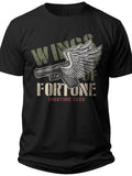 Men's Black Graphic T-Shirt Casual Cotton Short Sleeve Tee with Winged Emblem & Fortune Text Print