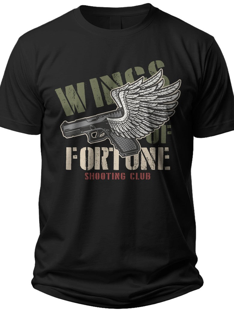 Men's Black Graphic T-Shirt Casual Cotton Short Sleeve Tee with Winged Emblem & Fortune Text Print